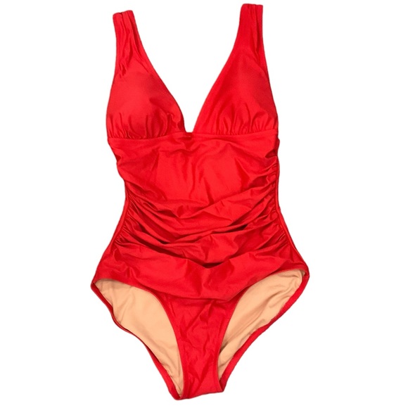 J. Crew Other - J. Crew Red Ruched V-Neck One Piece Swimsuit Women's Bathing Suit Size 6